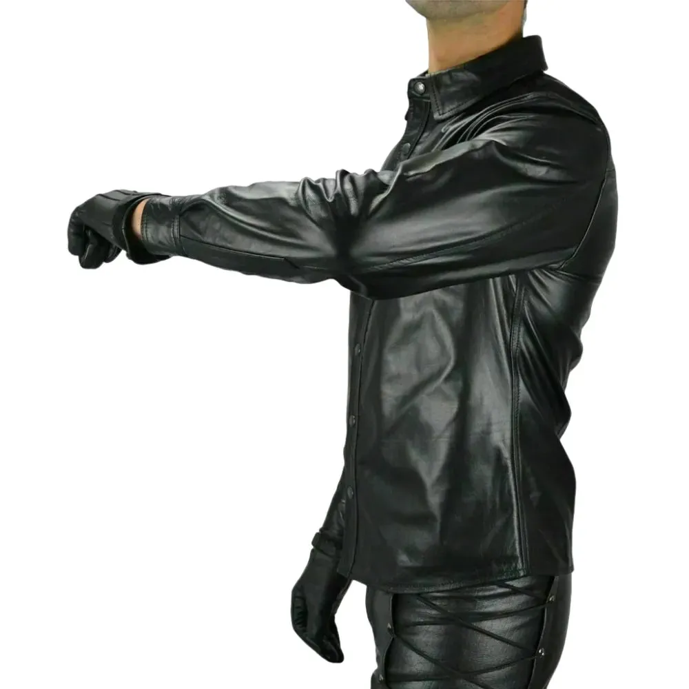 Mens Black Long Sleeve Leather Collared Shirt