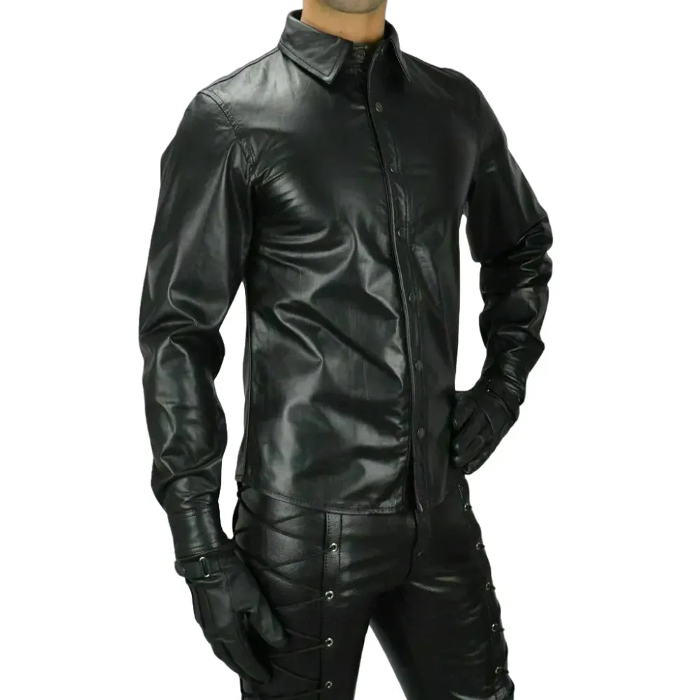 Mens Black Long Sleeve Leather Collared Shirt