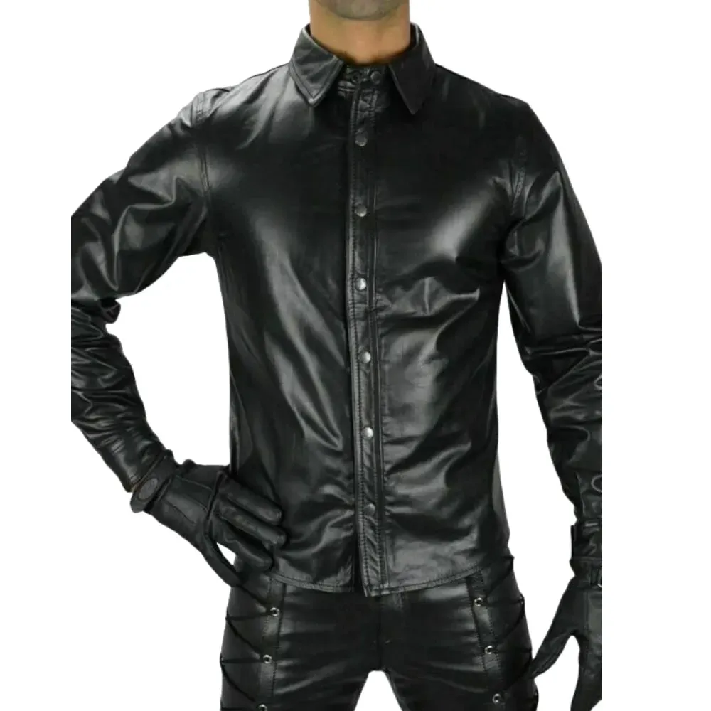 Mens Black Long Sleeve Leather Collared Shirt