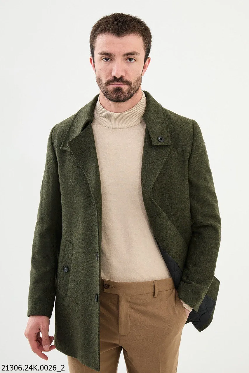 Men's Khaki Green Asymmetrical Button Winter Coat