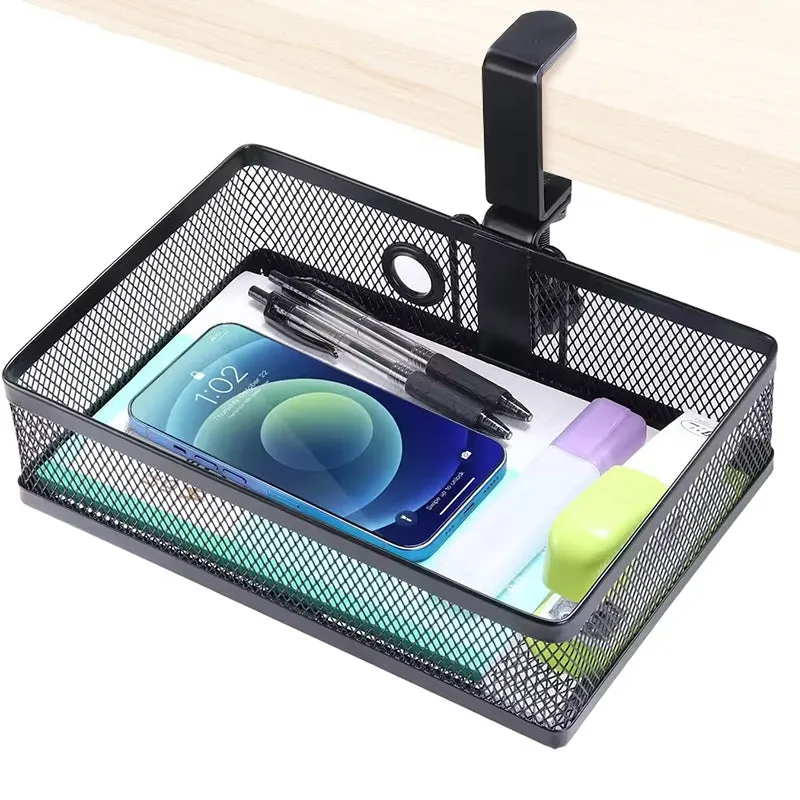 Mesh Desk Organizer with Clamp-on Swivel Pencil Drawer, having a hidden, sturdy C-Clamp mount system and easy installation.