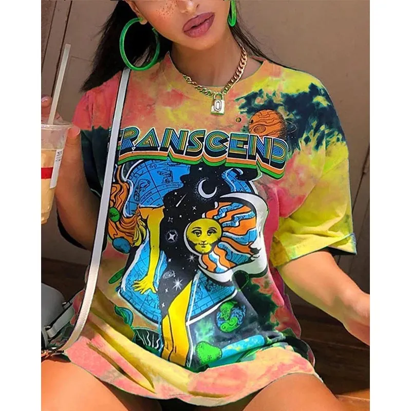 New colorful tie-dye printed T-shirt street style bottoming shirt women