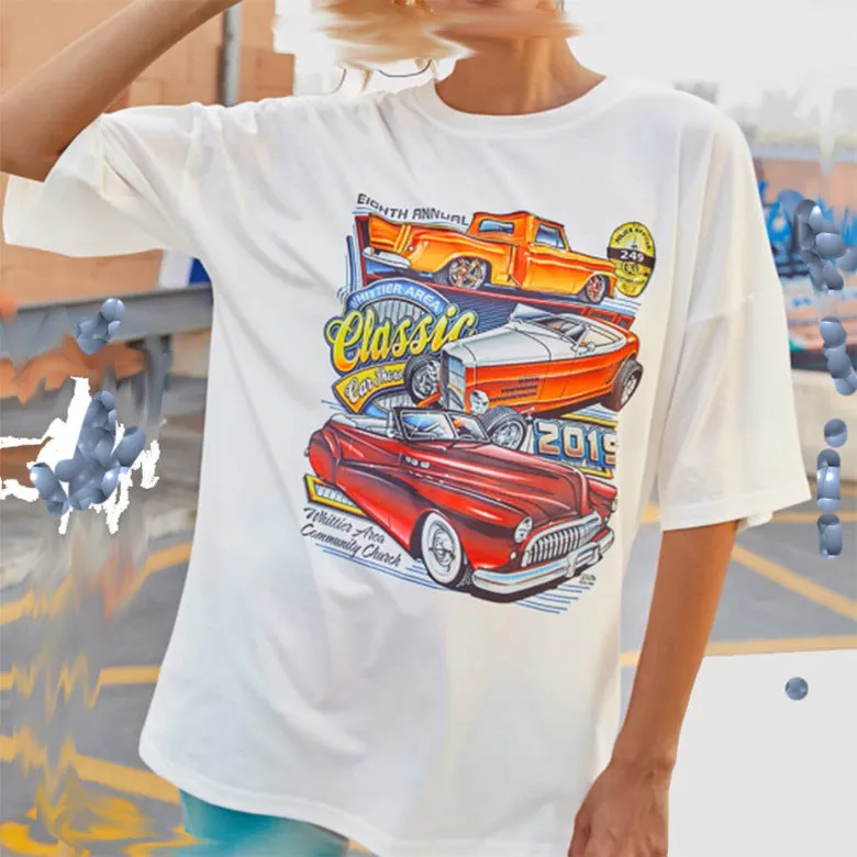 New large size women's car print white round neck short-sleeved women's T-shirt top