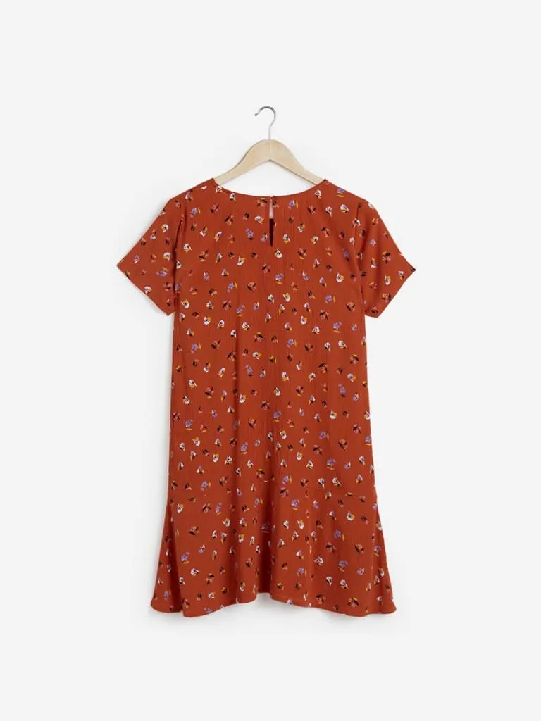 Nuon Dark Orange Floral Print Earny Dress