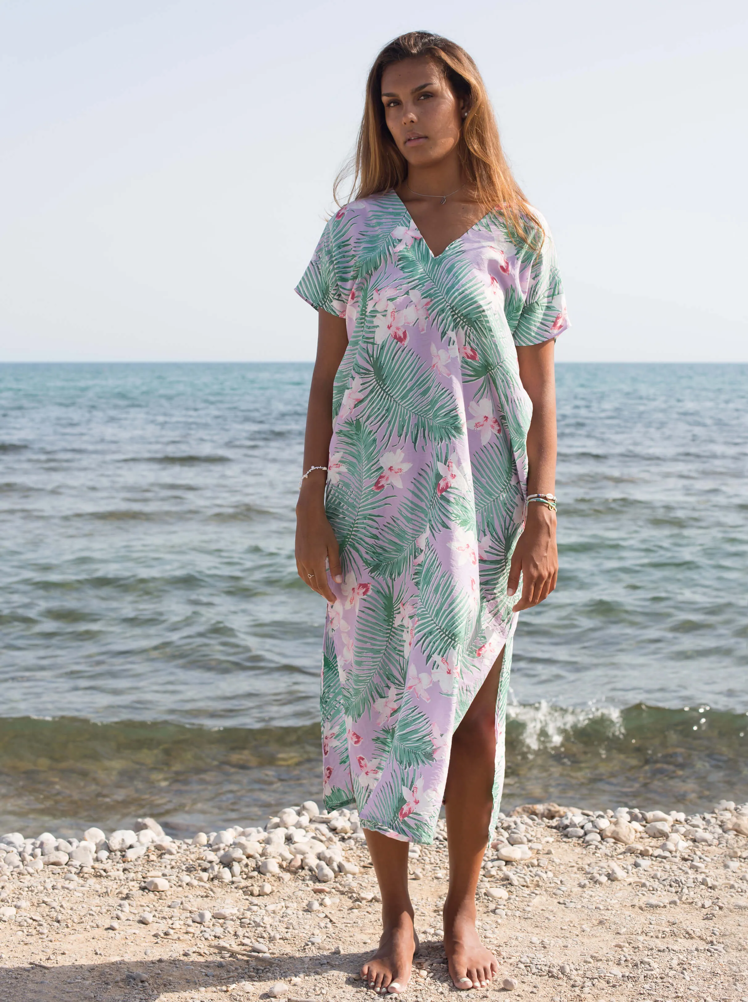 Palm Print Kaftan Dress