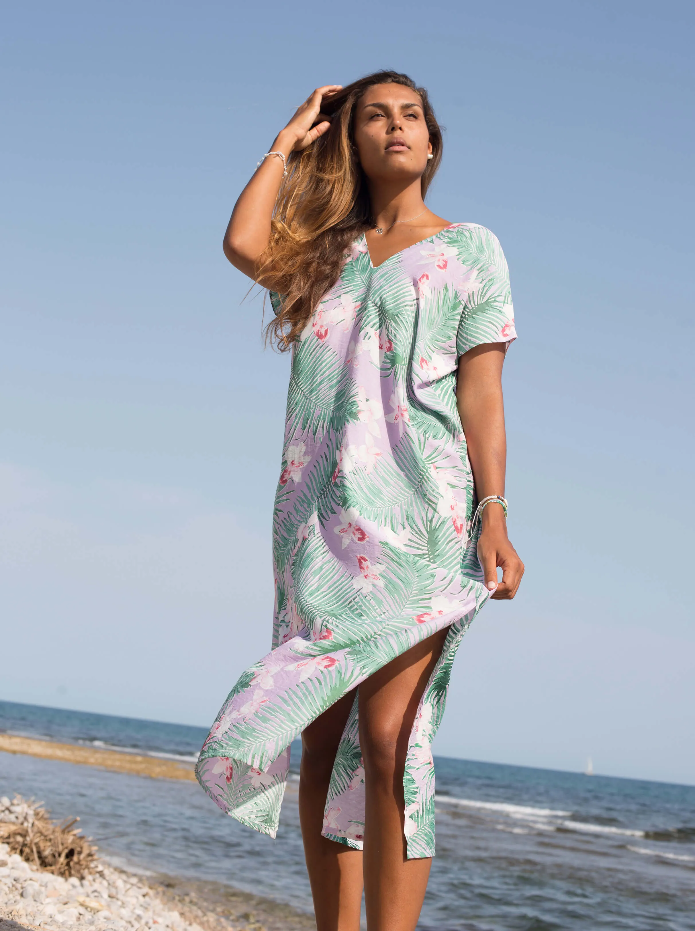 Palm Print Kaftan Dress