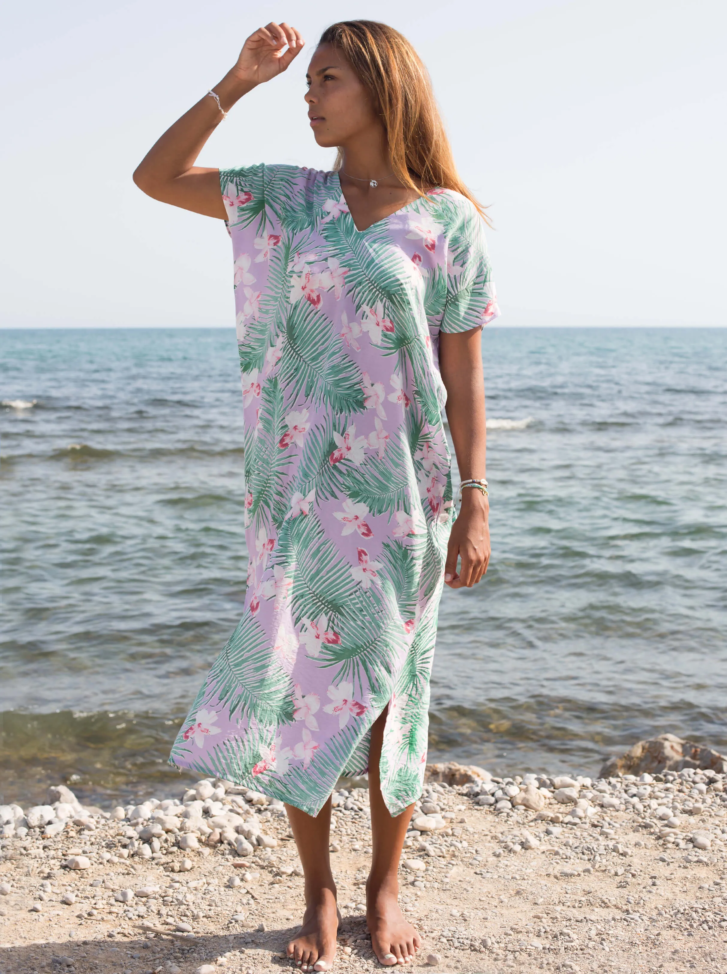 Palm Print Kaftan Dress