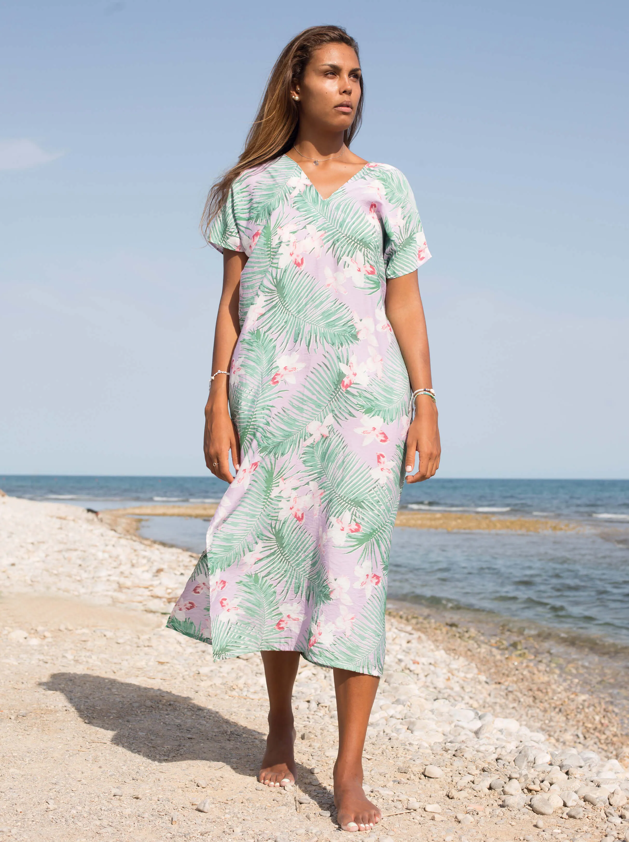 Palm Print Kaftan Dress