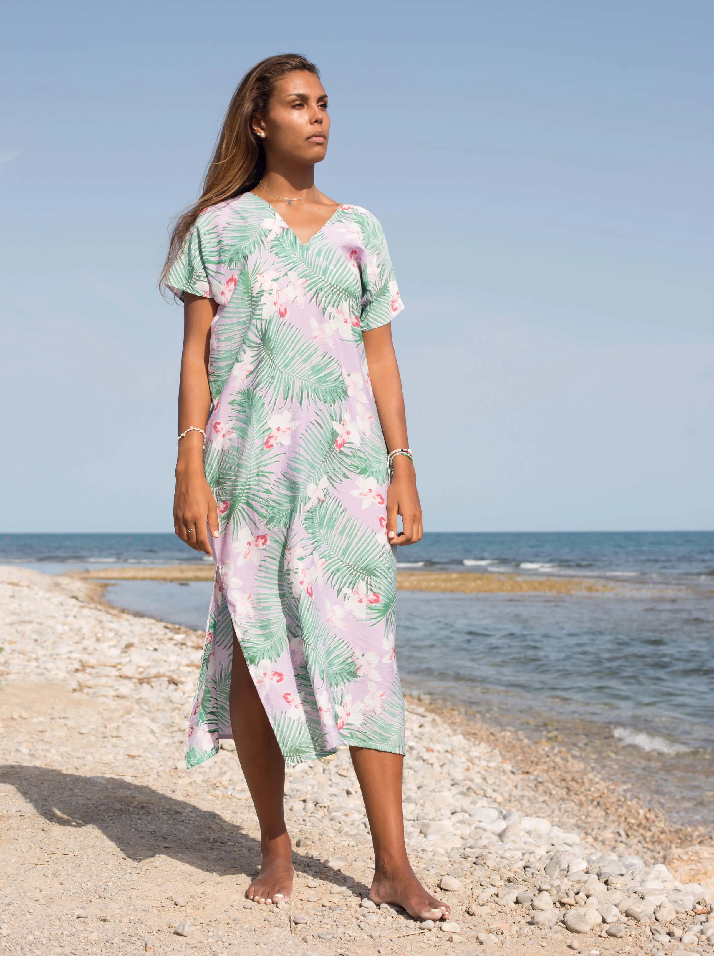 Palm Print Kaftan Dress