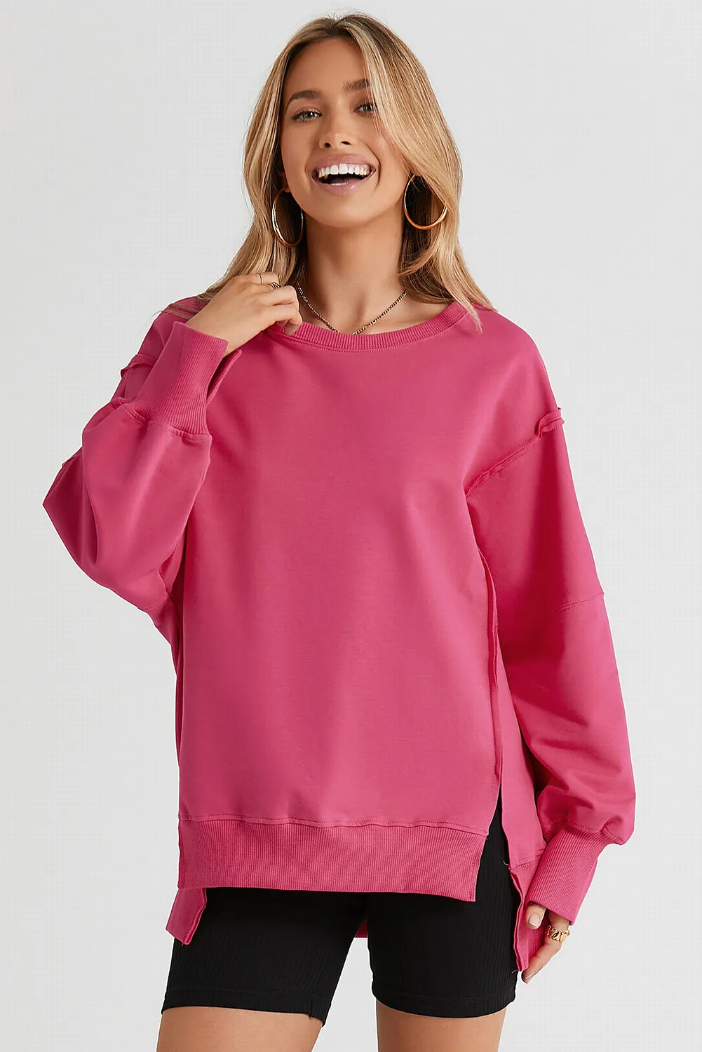 Pink Sweater Women's Fashion Slit Exposed Seam Round Neck Sweatshirt