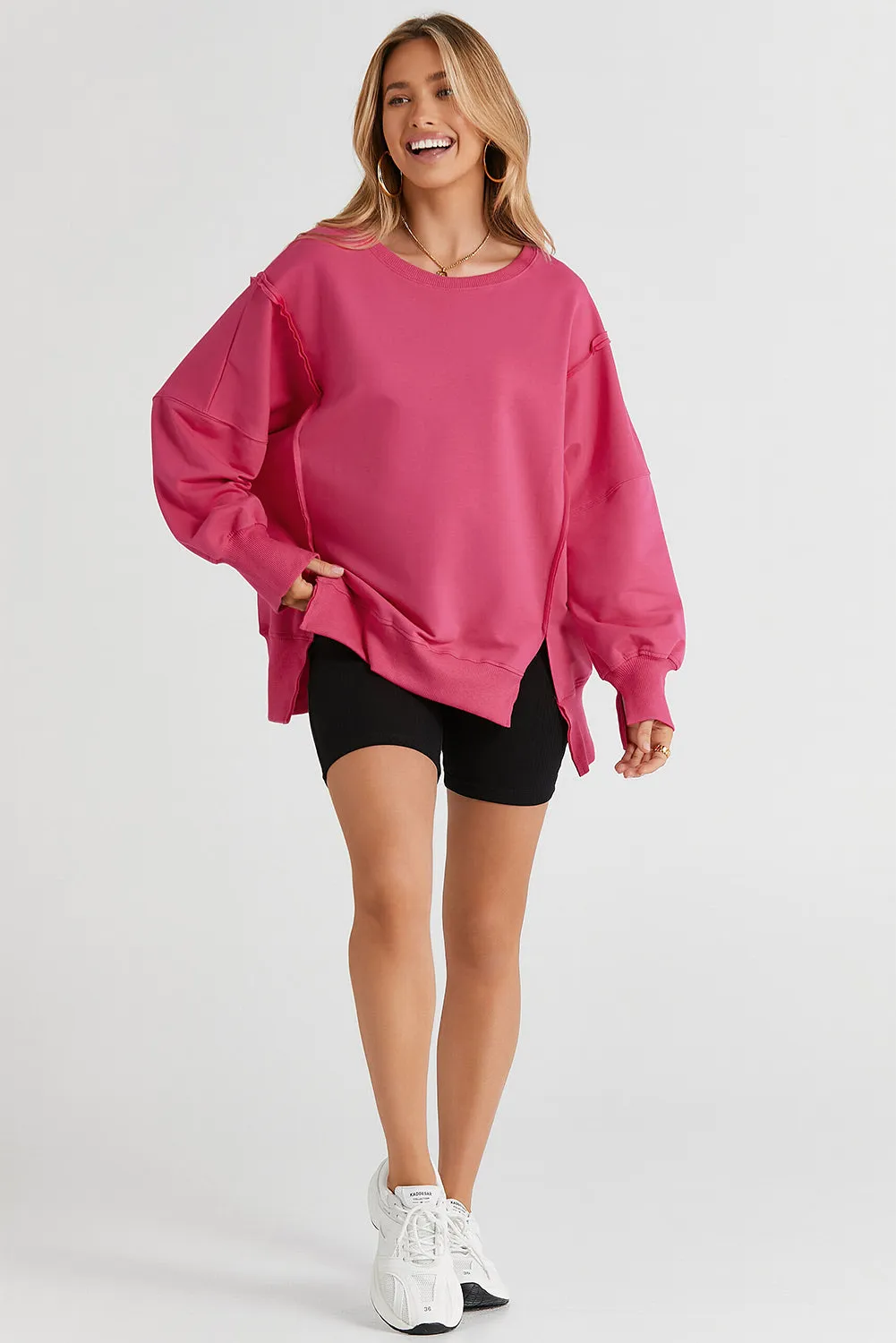 Pink Sweater Women's Fashion Slit Exposed Seam Round Neck Sweatshirt