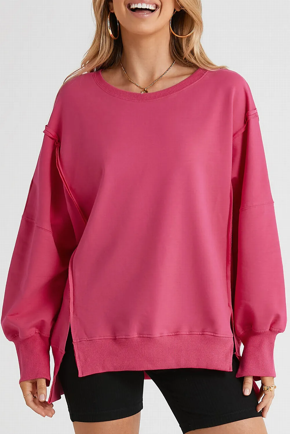 Pink Sweater Women's Fashion Slit Exposed Seam Round Neck Sweatshirt