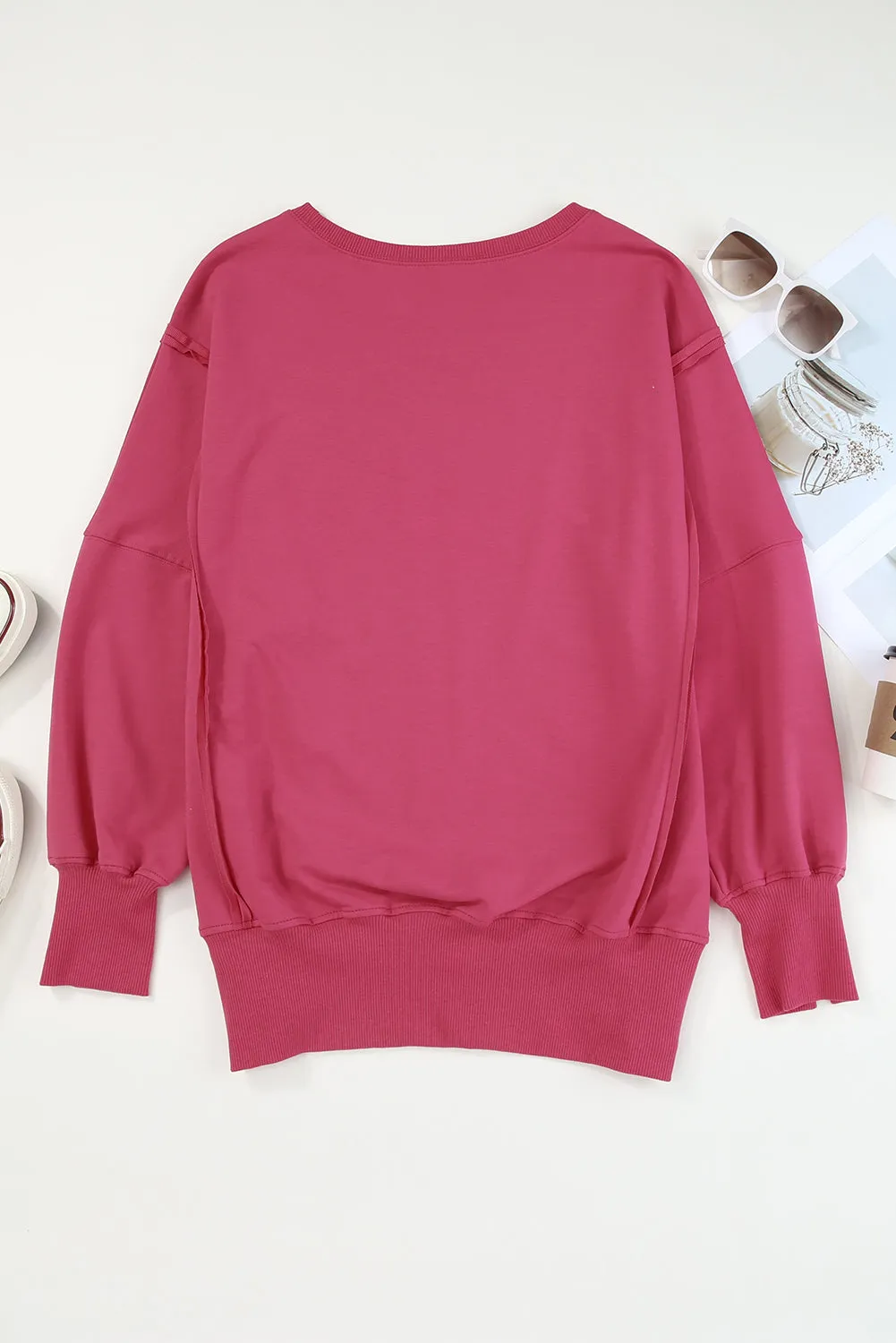 Pink Sweater Women's Fashion Slit Exposed Seam Round Neck Sweatshirt