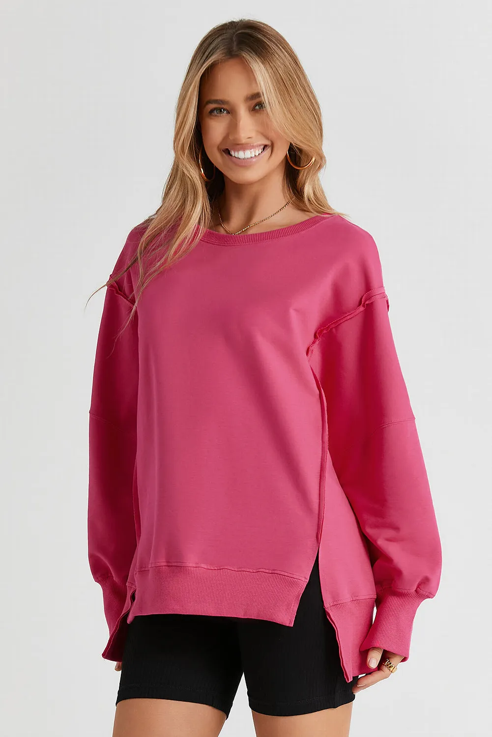 Pink Sweater Women's Fashion Slit Exposed Seam Round Neck Sweatshirt