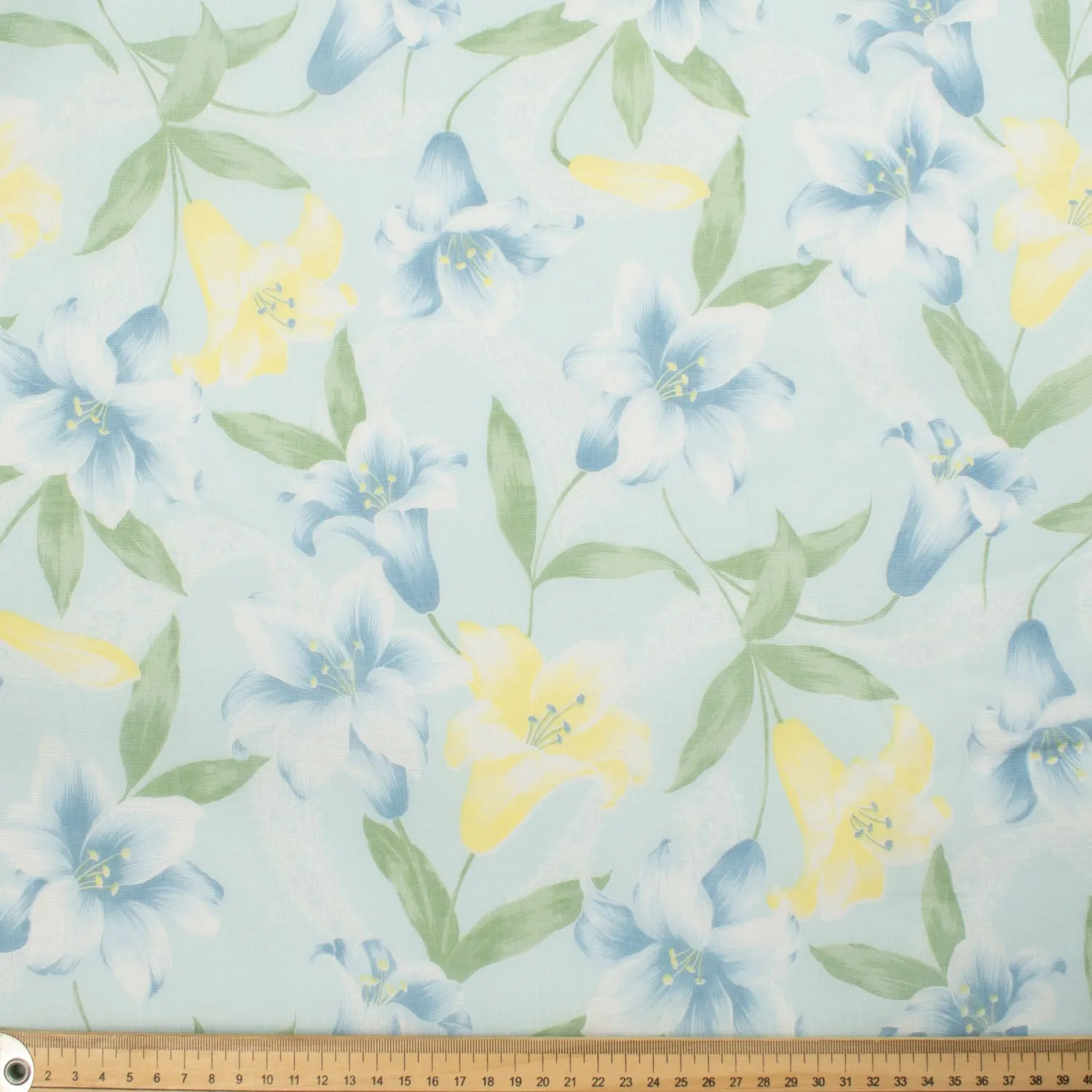 Printed Cotton Voile Design-59 Blue & Yellow Lily Flower on Light Blue