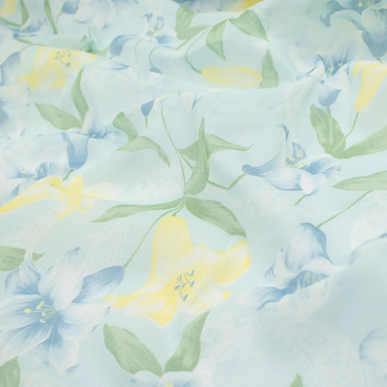 Printed Cotton Voile Design-59 Blue & Yellow Lily Flower on Light Blue