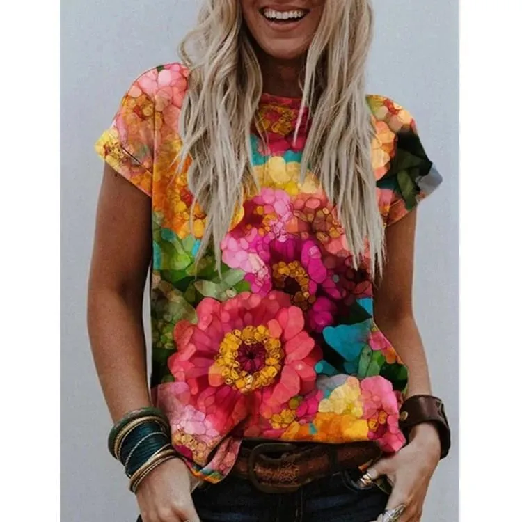 Printed street hipster short-sleeved multicolor loose T-shirt