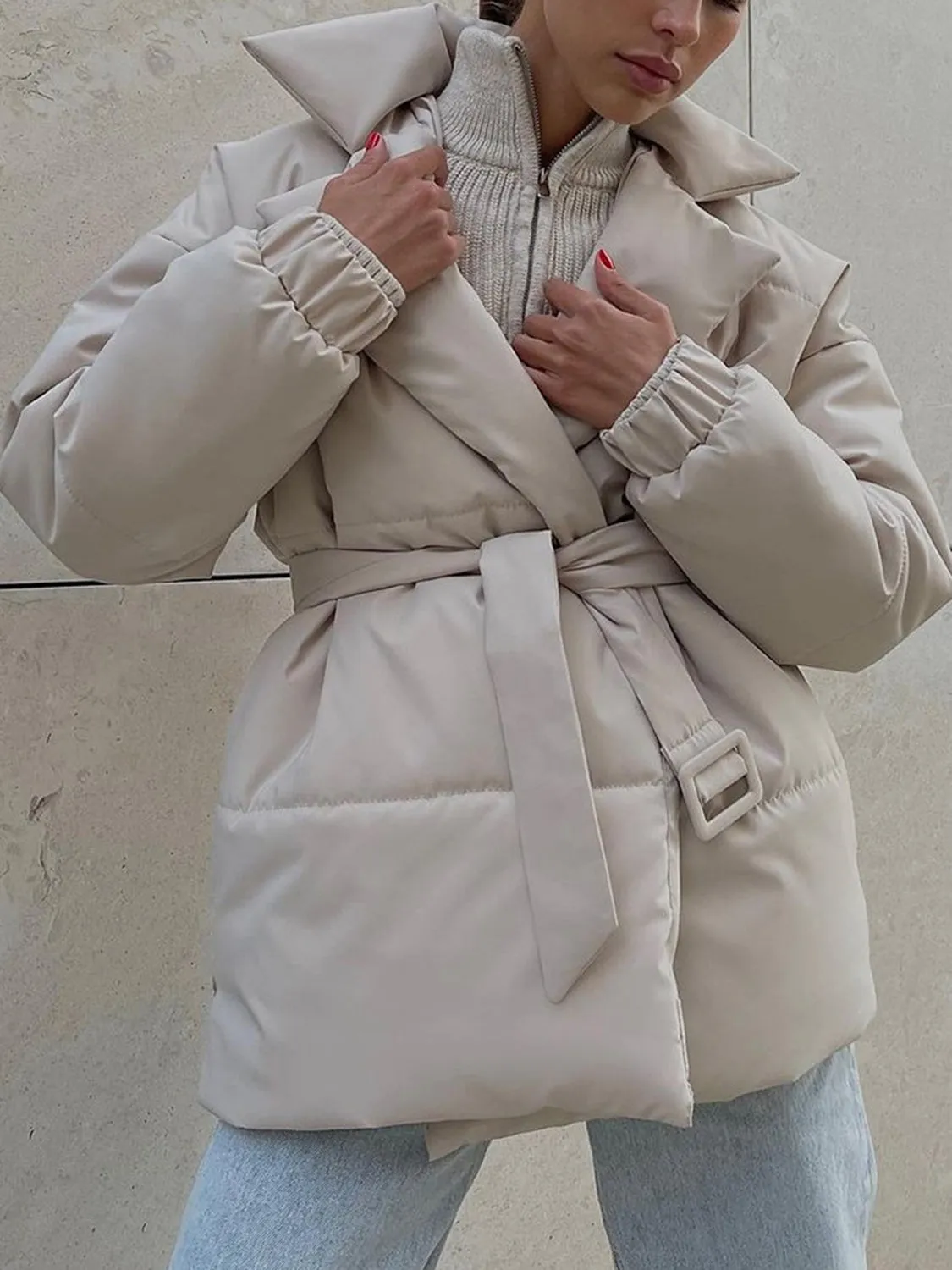 Puffer Long Sleeve Winter Coat with Belt