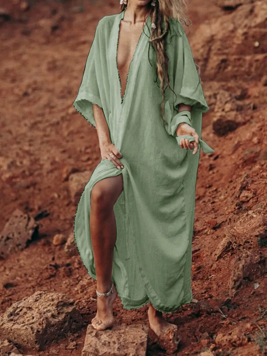 Pure Color Casual breezy kimono beach maxi dress