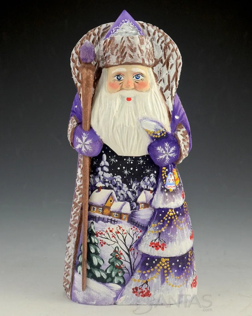 Purple Toned Russian Santa Carving with Tree and Winter Scene 7.5 inch