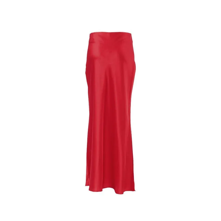 Red High Waisted, Fishtail, Ankle High Skirt, Thin, Soft Matte, Satin Skirt