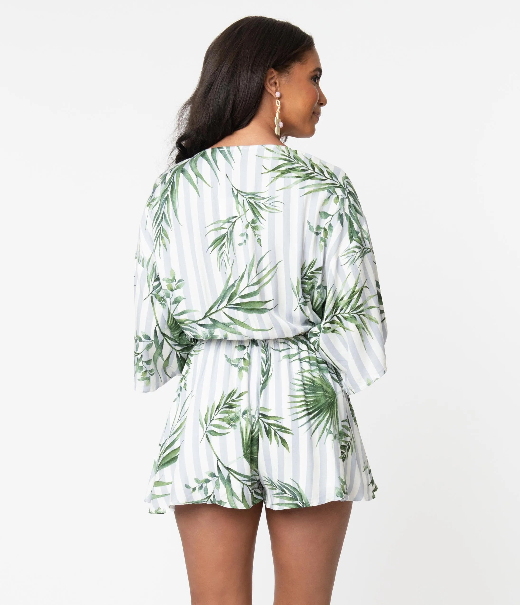 Retro Style Light Blue Stripe & Green Tropical Print Romper