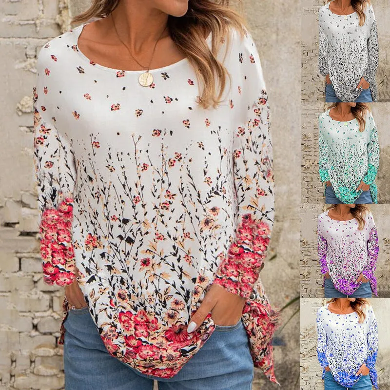 Round neck loose floral print long-sleeved top t-shirt