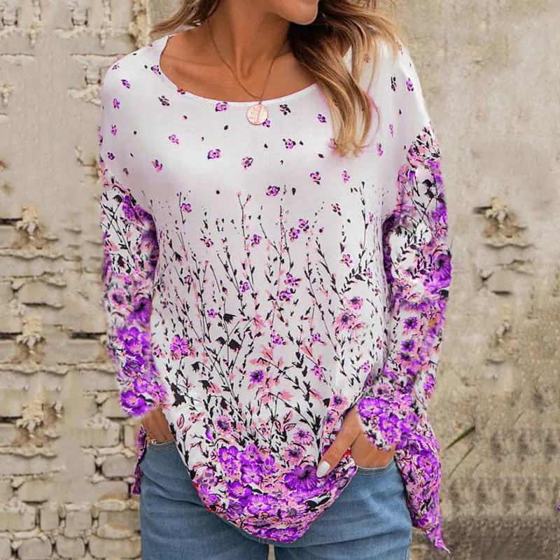 Round neck loose floral print long-sleeved top t-shirt