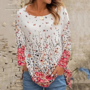 Round neck loose floral print long-sleeved top t-shirt