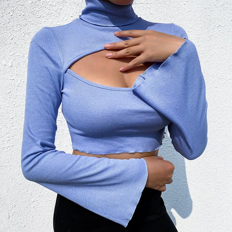 Sexy Cutout Topless Top Flared Long Sleeve Turtleneck T-Shirt