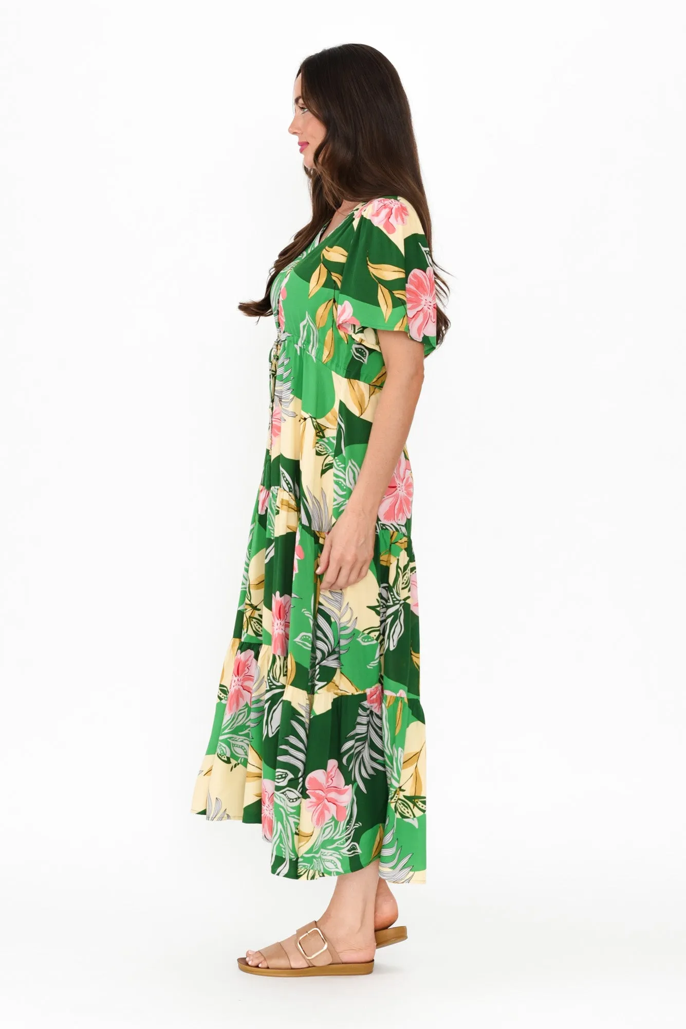 Solene Green Tropical Tier Dress