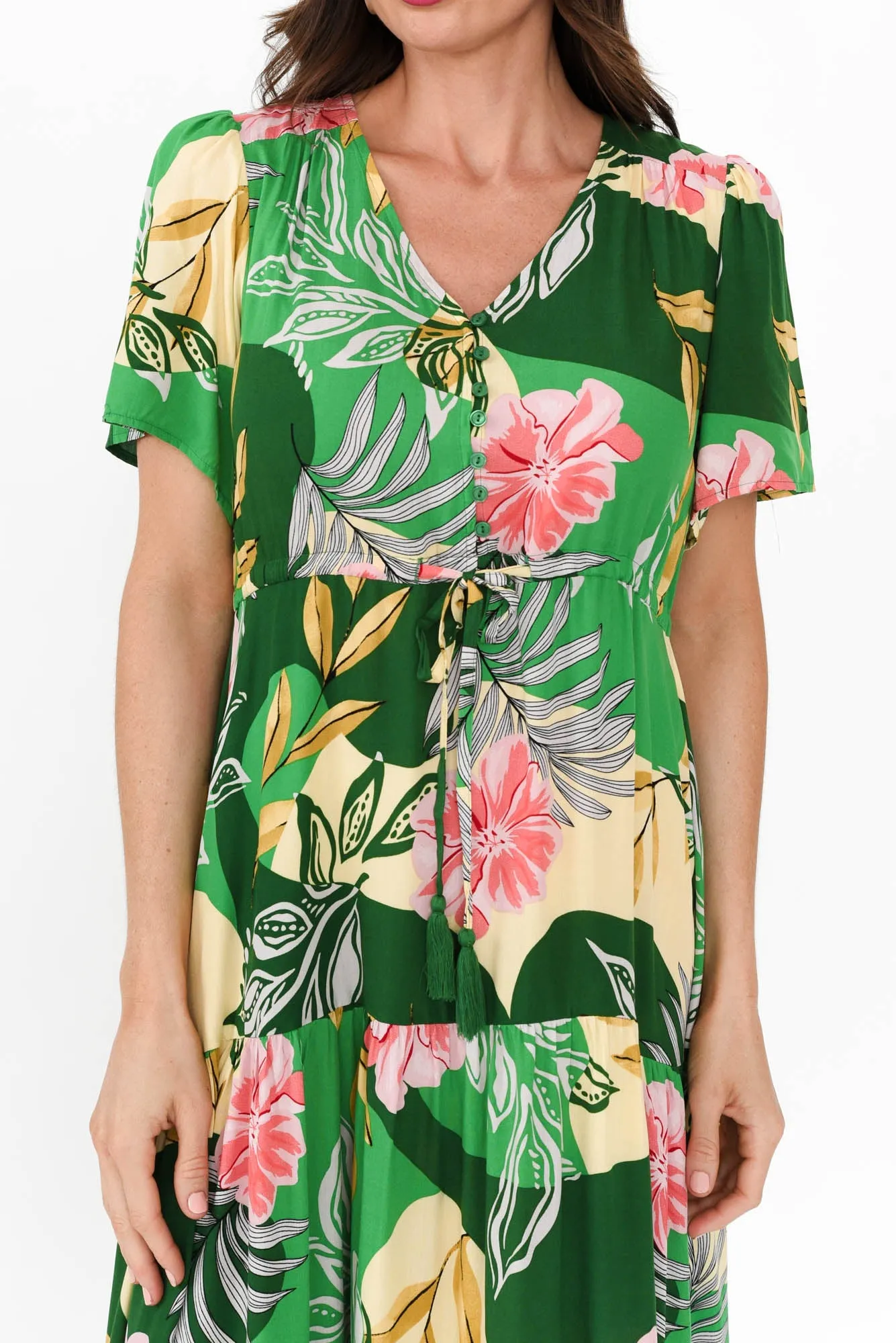 Solene Green Tropical Tier Dress