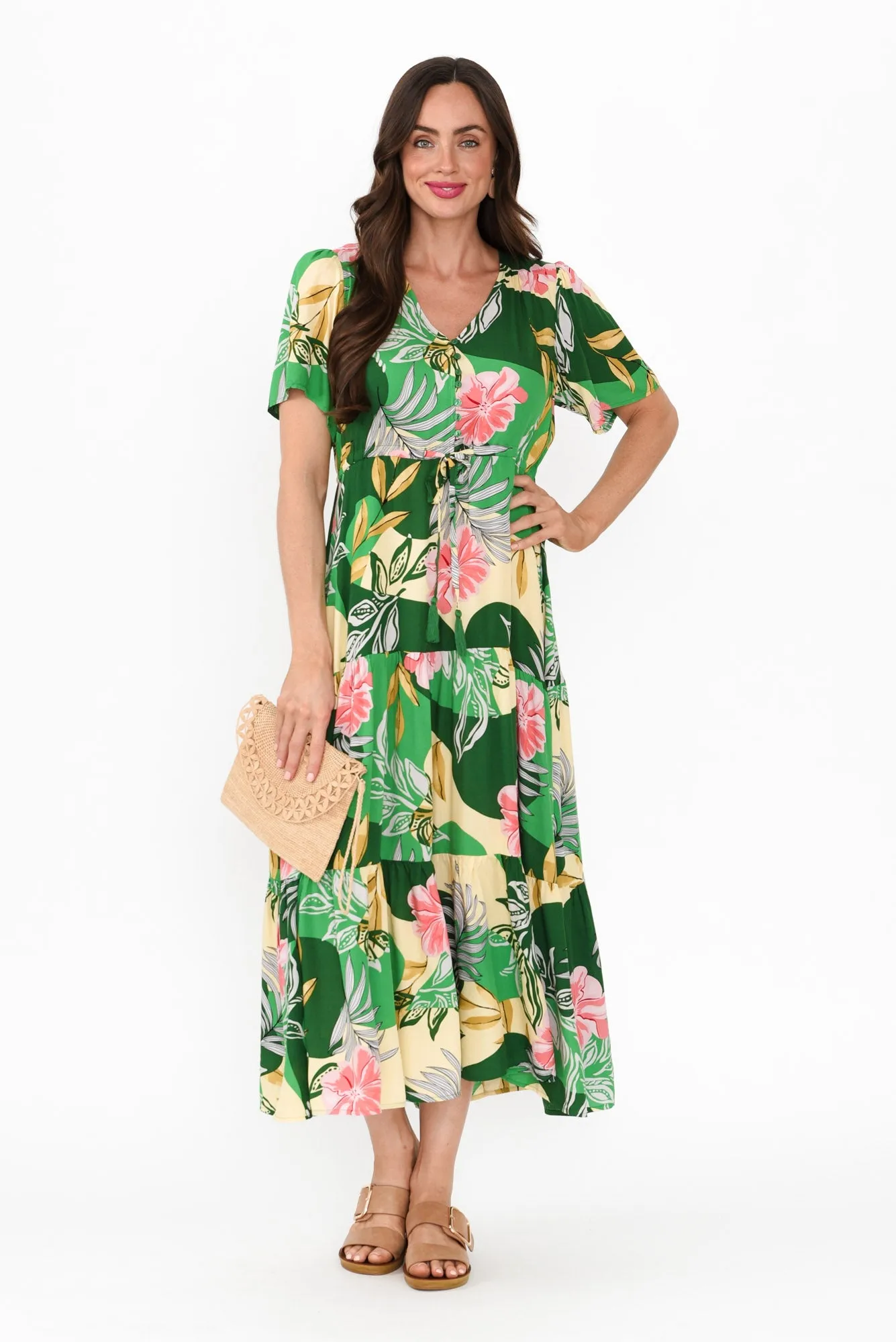 Solene Green Tropical Tier Dress