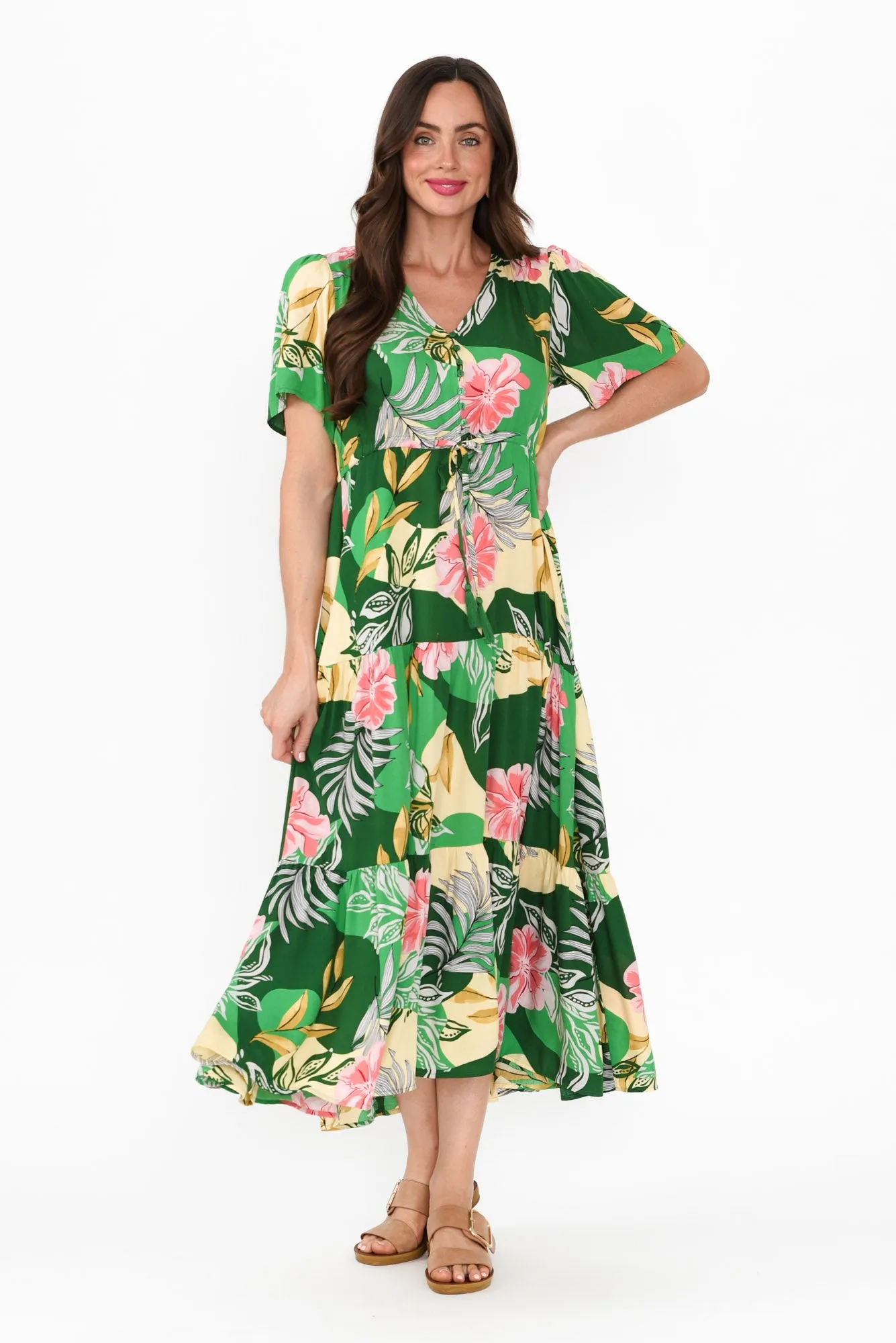 Solene Green Tropical Tier Dress