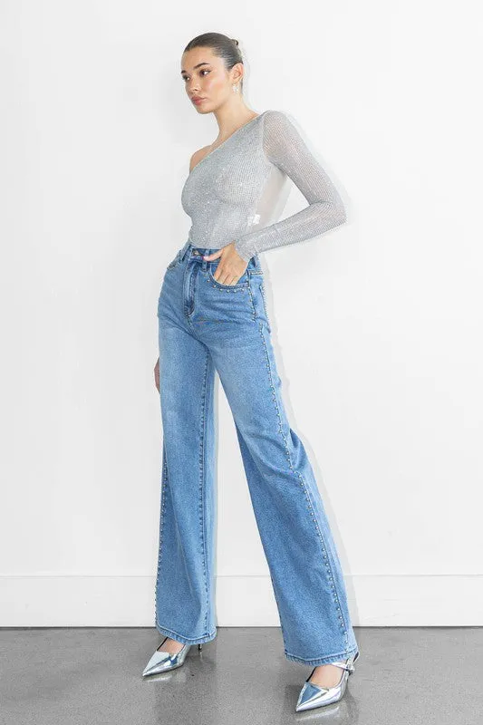 Studded Wide Leg Denim Jeans