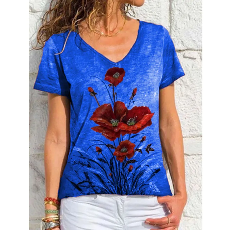 Summer V-neck printed short-sleeved T-shirt