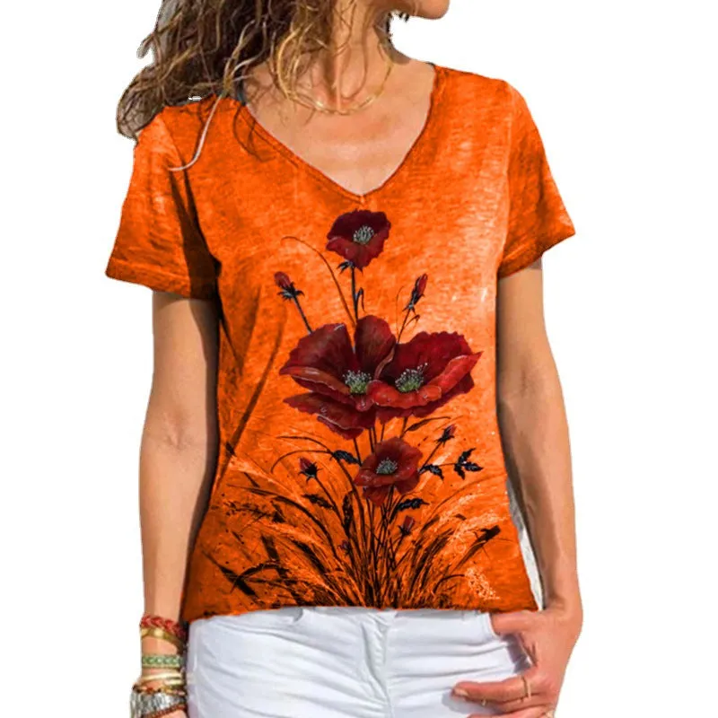 Summer V-neck printed short-sleeved T-shirt