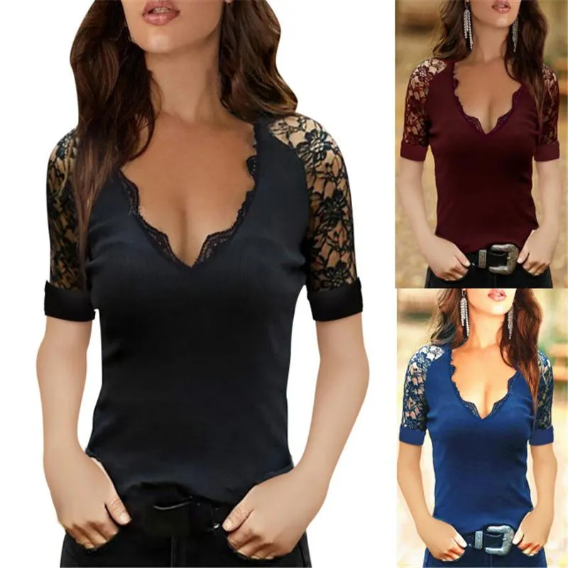 Temperament commuter pullover V-neck lace mesh T-shirt bottoming shirt