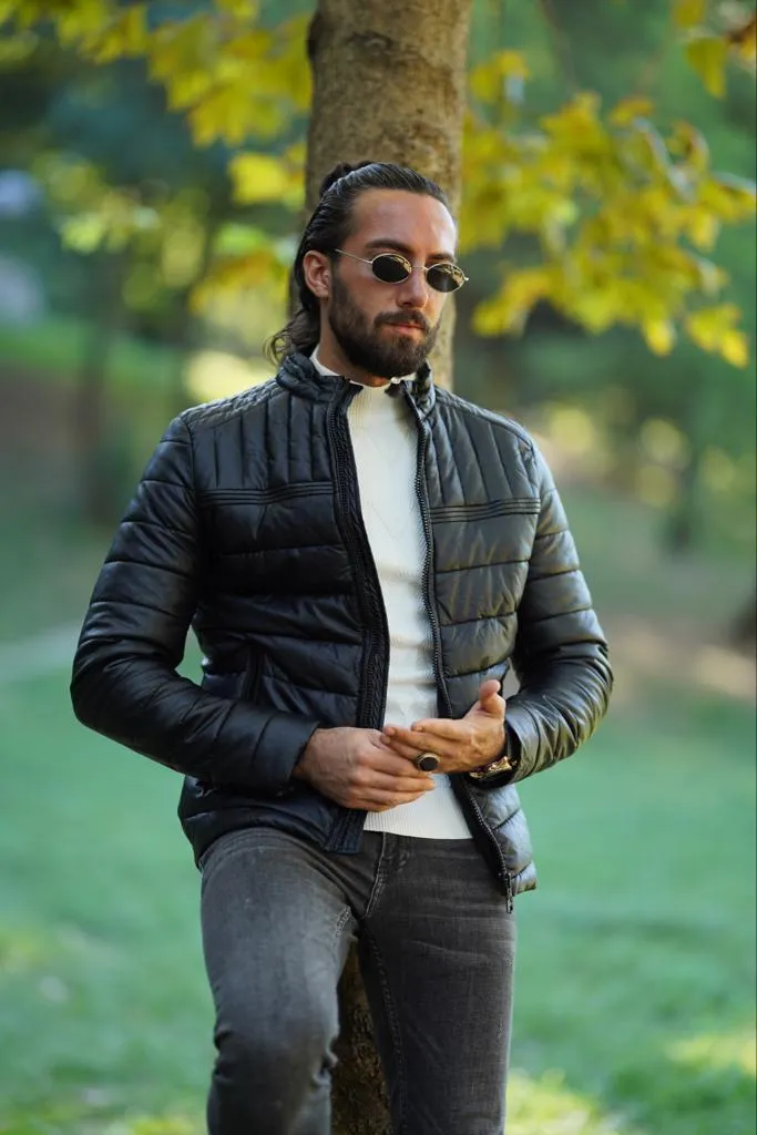 Thread Slim Fit Black Faux Leather Jacket