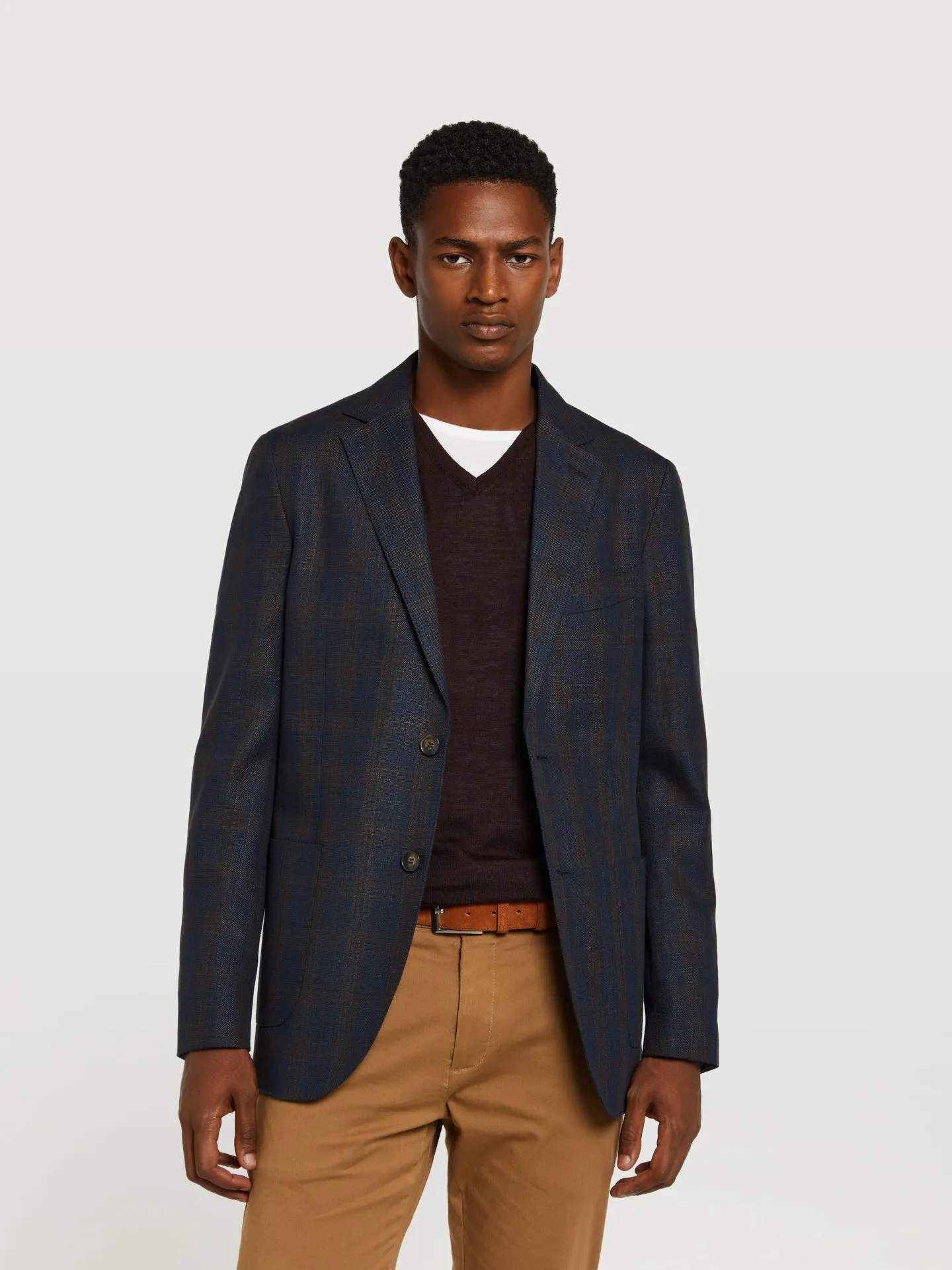 Unstructured windowpane check wool linen blazer