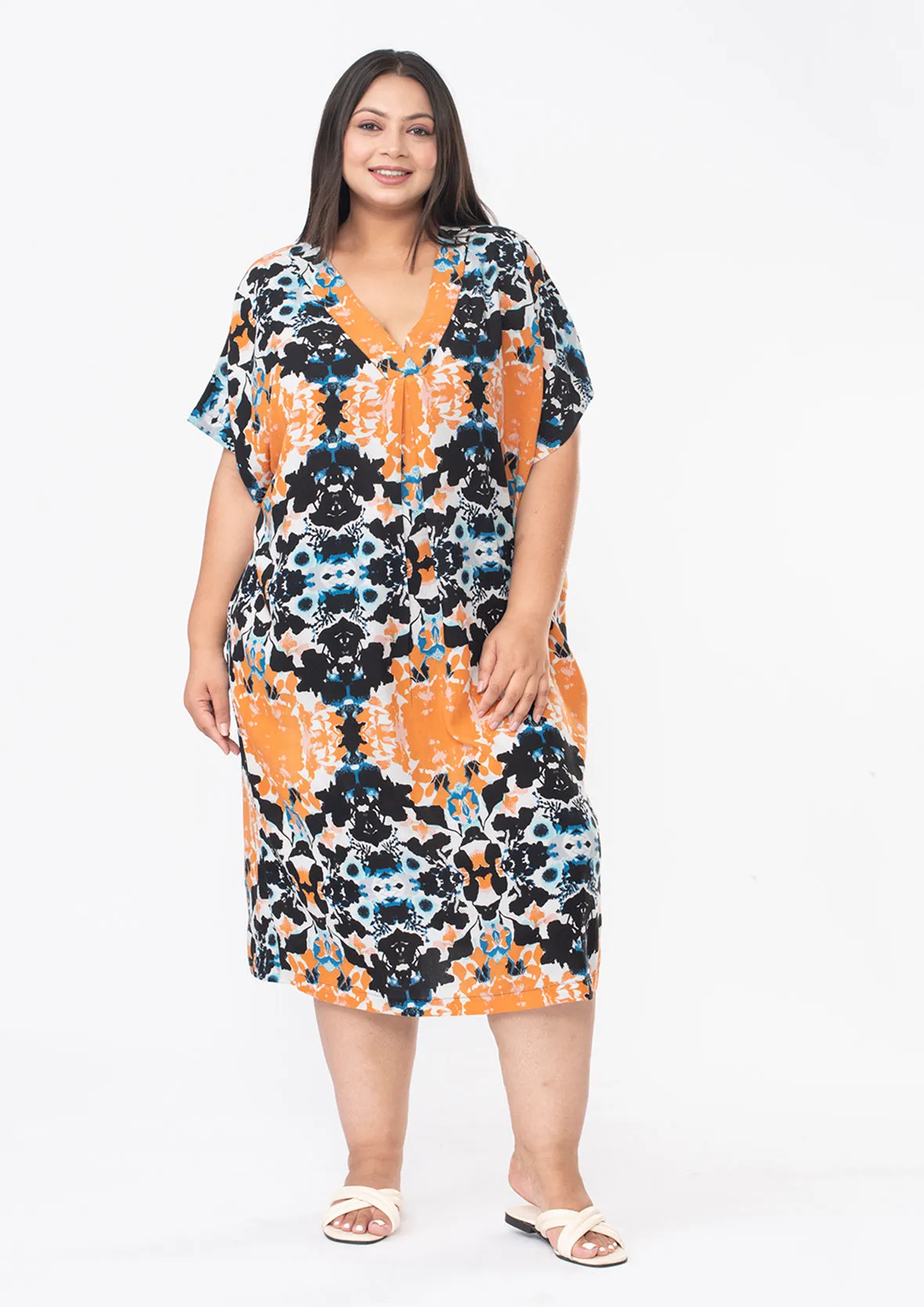 V-Neck Printed Kaftan Dress