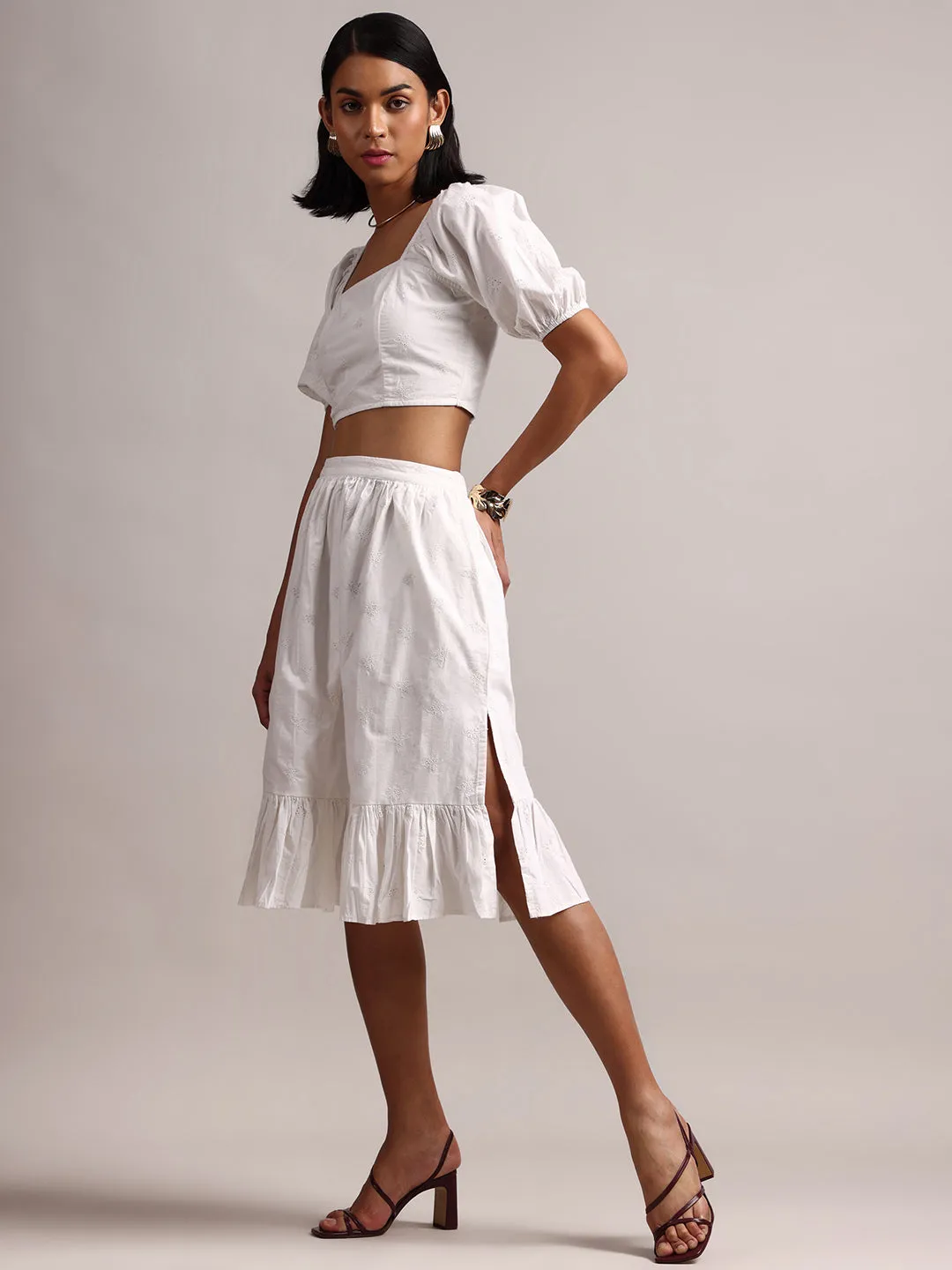 White Cotton Schiffli Fit & Flare Skirt Top Set