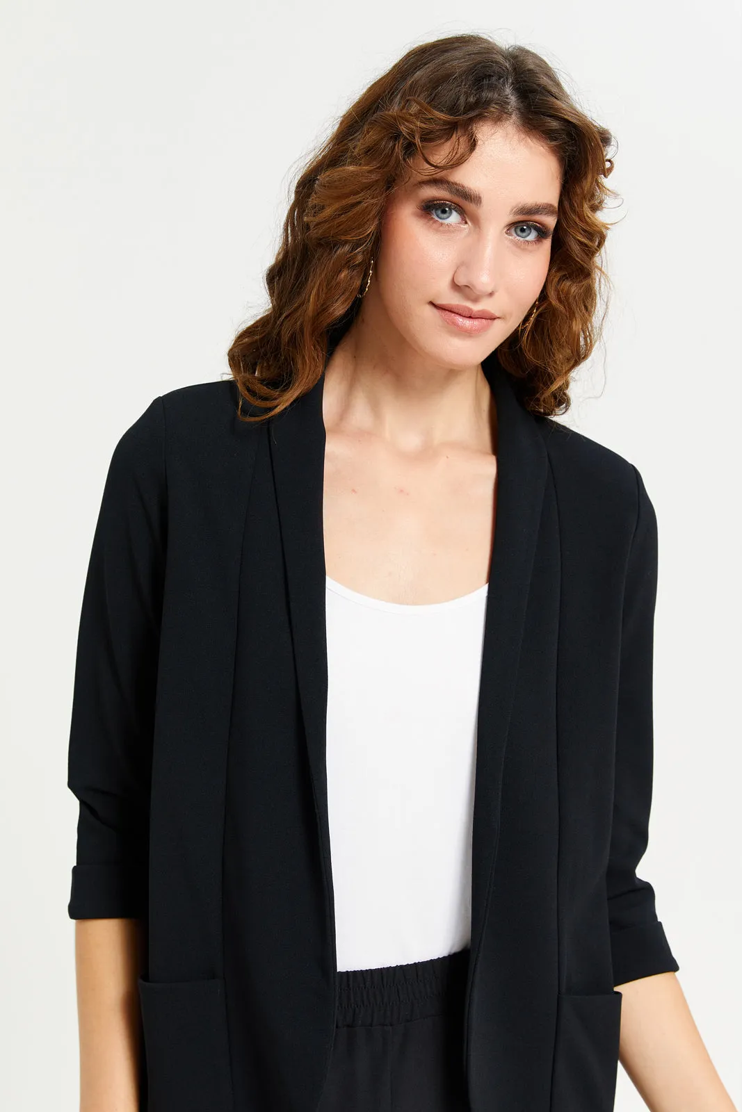 Women Black Rolled Sleeve Round Blazer