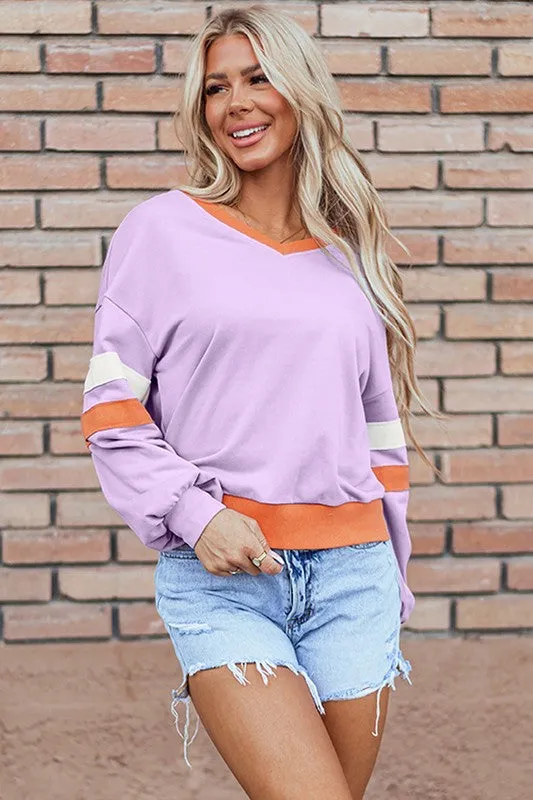 Women Knit Drop Shoulder V Neck Sweatshirt Fall Vibes