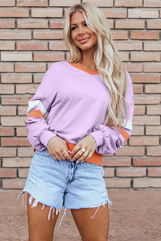 Women Knit Drop Shoulder V Neck Sweatshirt Fall Vibes