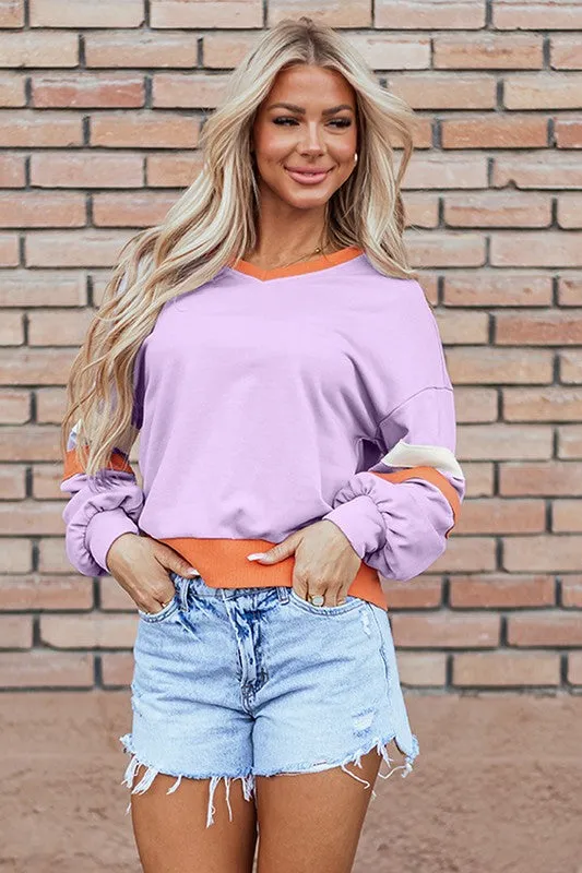 Women Knit Drop Shoulder V Neck Sweatshirt Fall Vibes