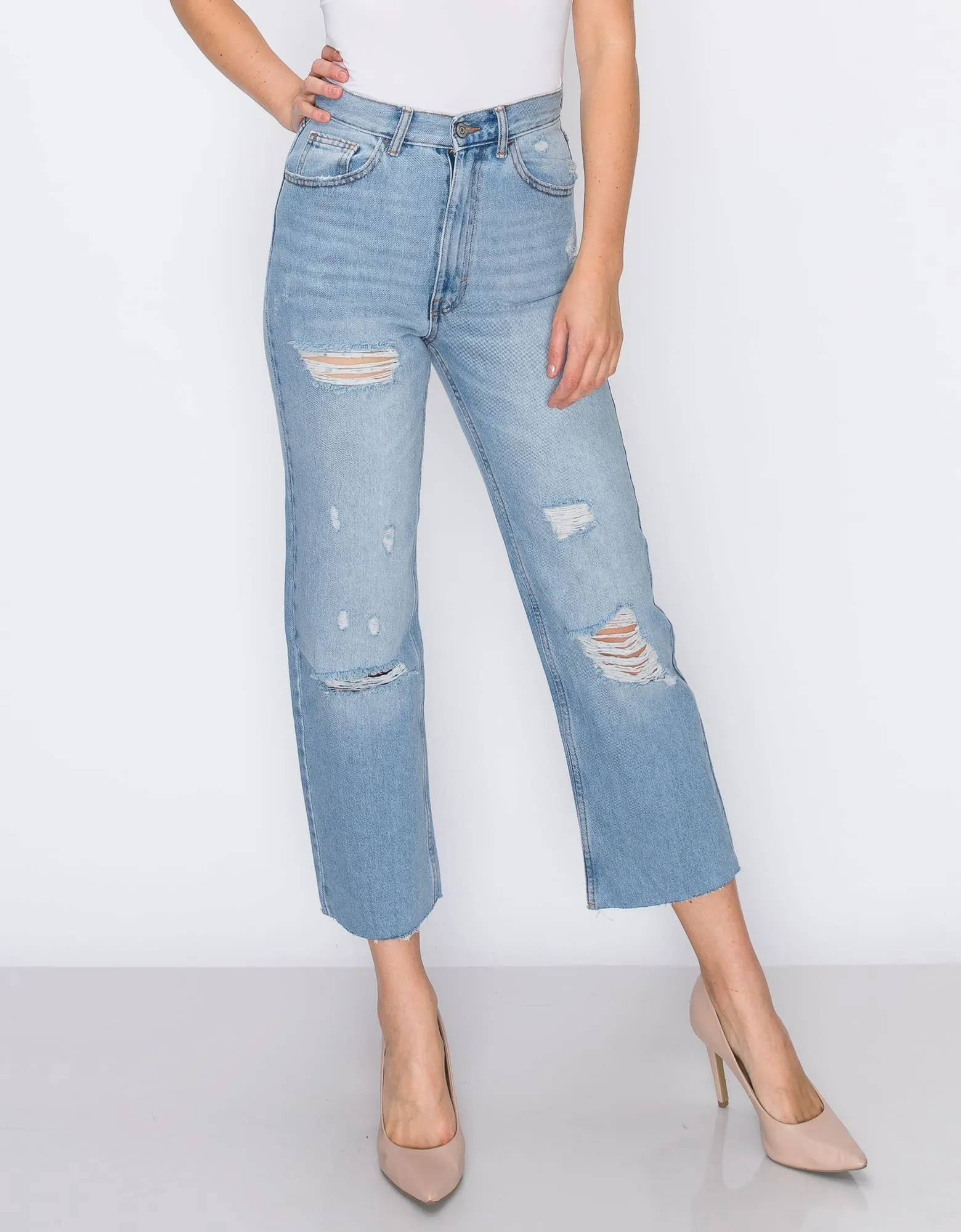 WOMEN'S MARIA MOM STRAIGHT RIPPED JEANS