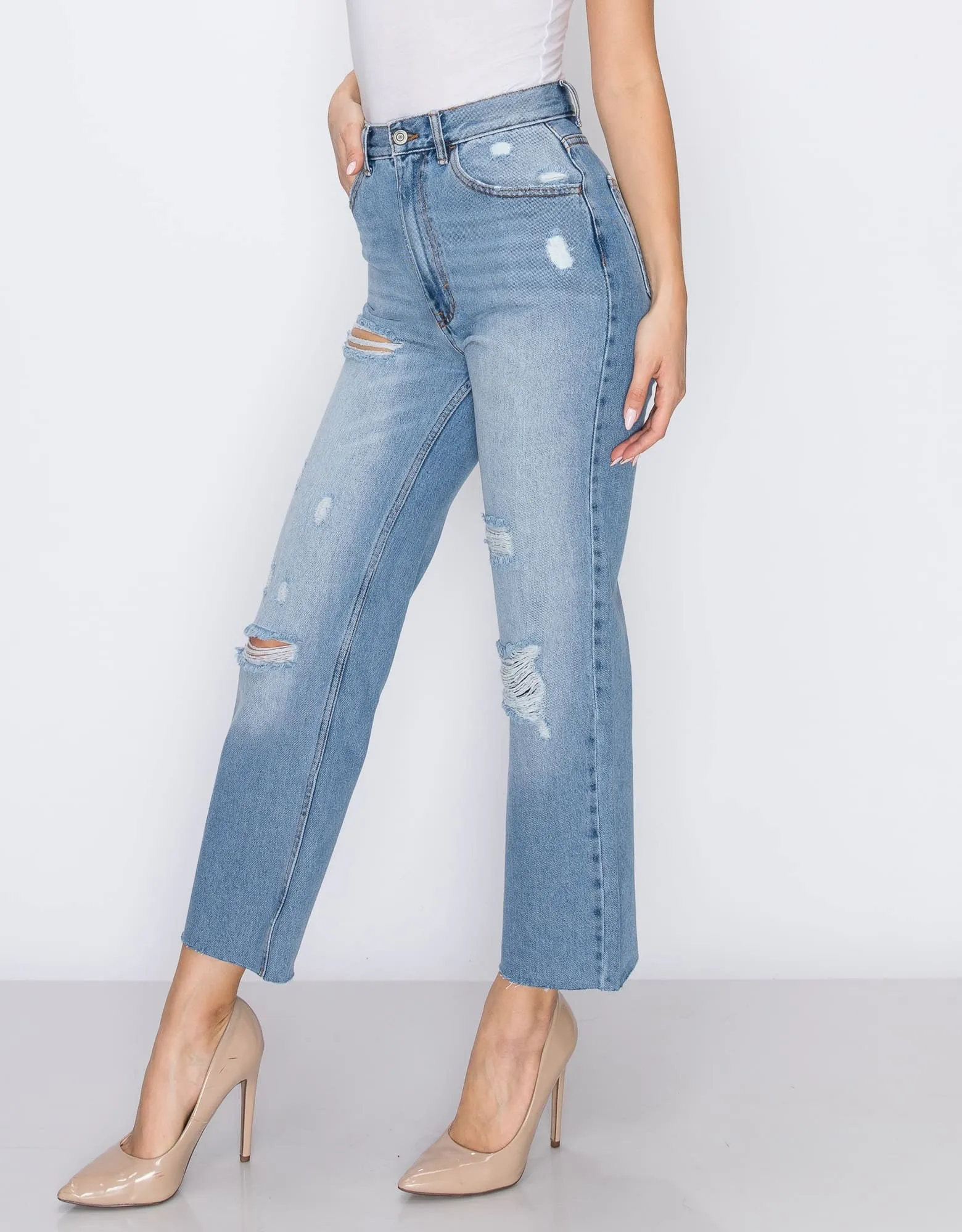 WOMEN'S MARIA MOM STRAIGHT RIPPED JEANS