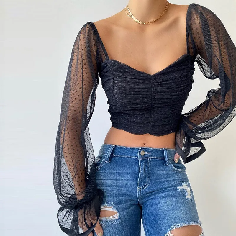 Women's new sexy fashion chiffon polka-dot  crop top