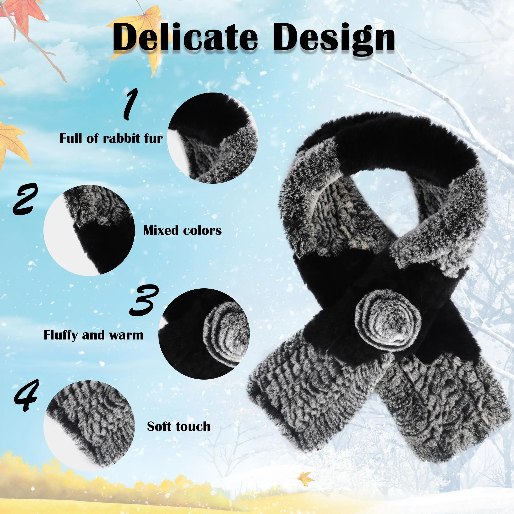 Women's Rex Rabbit Fur Scarf Ladies Flowers Crochet Winter Warm Knitted Fashion Scarf Scarves for Women